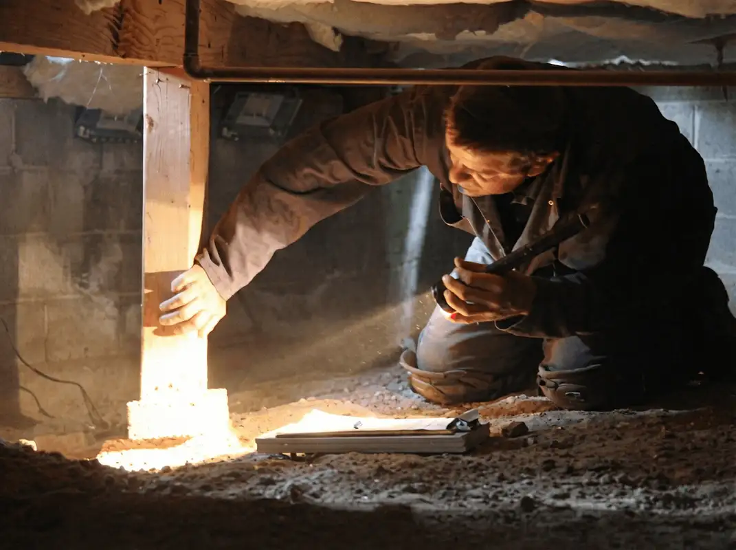 A professional inspecting wooden beams under the floor of a structure in Hollywood, FL